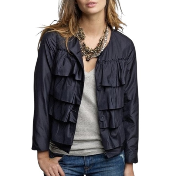 J. Crew Silk Taffeta Cascade Women's Navy Ruffled Jacket - Picture 2 of 5